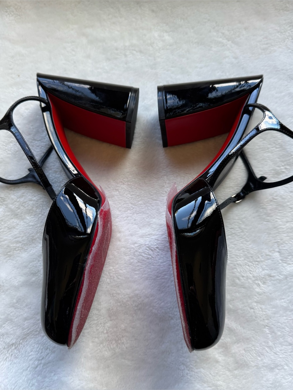 Christian Louboutin Black Patent Red Sole Block Heel Pumps
